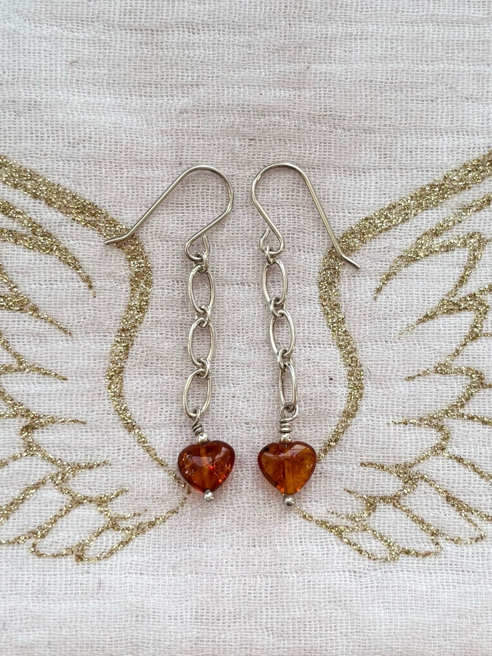Silver Chain Dangle Earrings with Amber Heart Drops